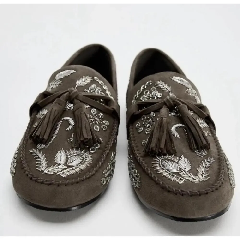 Zara Embroidered Loafers Olive Green 37 - Picture 2 of 7